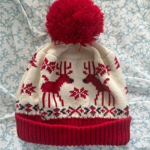 Hanna Andersson Red and White Reindeer Pom-Pom Hat